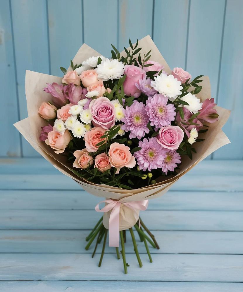 Букет цветов из: Хризантемы, Розы и Альстромерии в Чигири